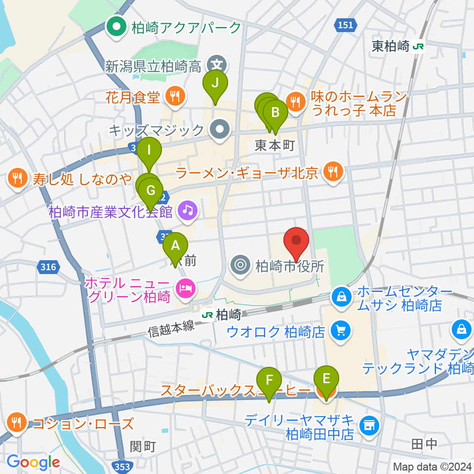 柏崎市文化会館アルフォーレ周辺のカフェ一覧地図