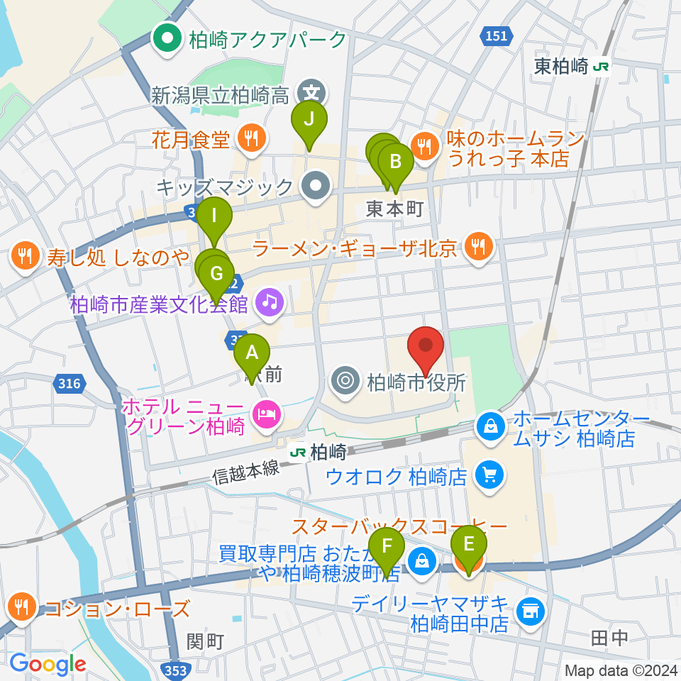 柏崎市文化会館アルフォーレ周辺のカフェ一覧地図