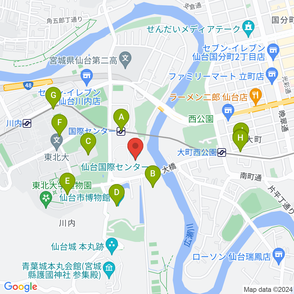 仙台国際センター周辺のカフェ一覧地図