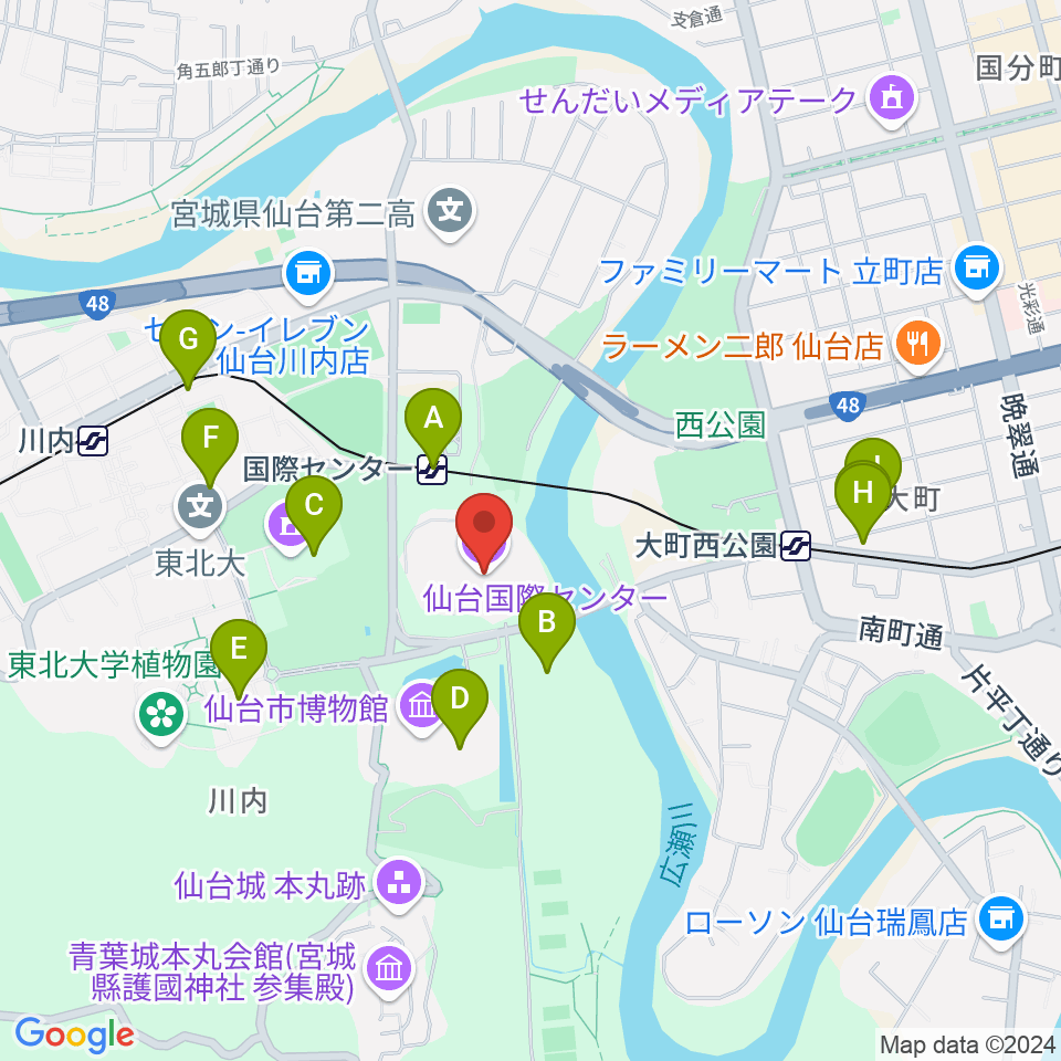 仙台国際センター周辺のカフェ一覧地図