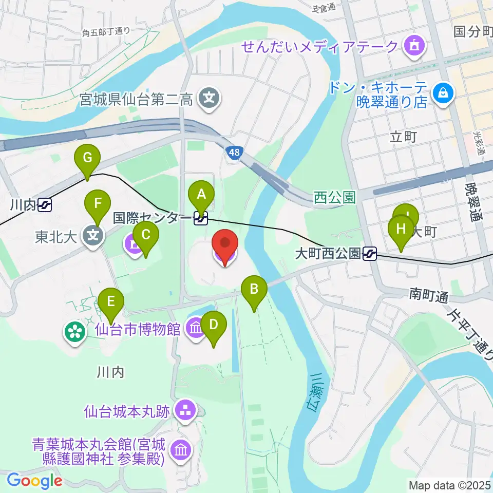 仙台国際センター周辺のカフェ一覧地図