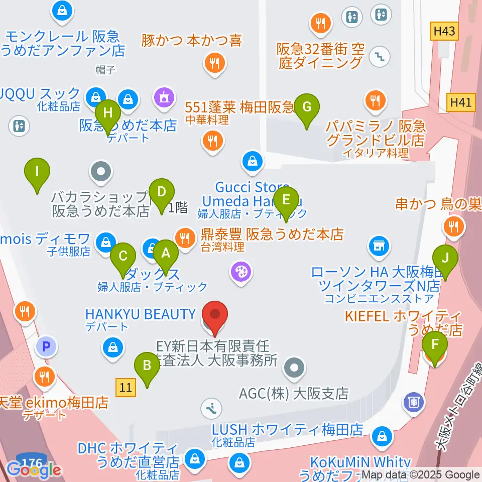 阪急うめだホール周辺のカフェ一覧地図