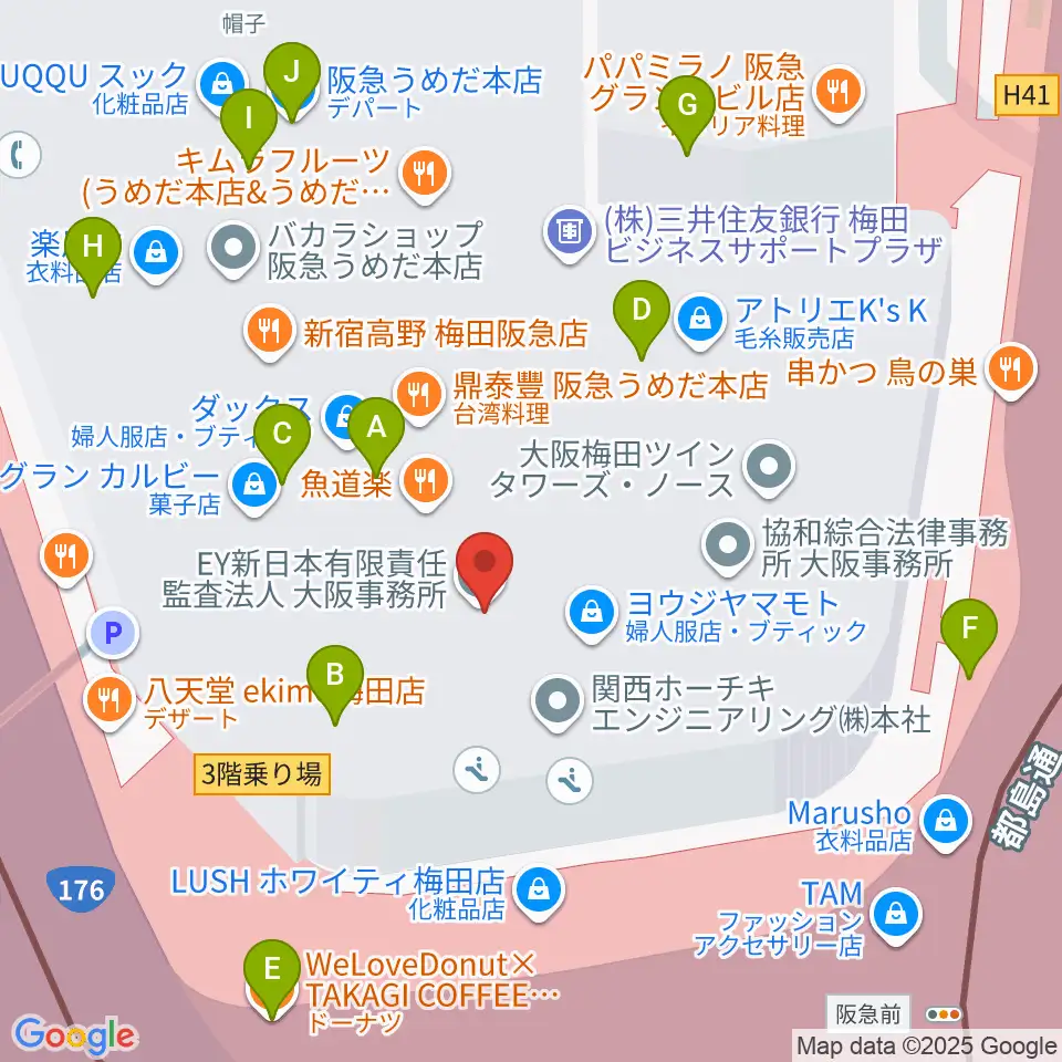 阪急うめだホール周辺のカフェ一覧地図