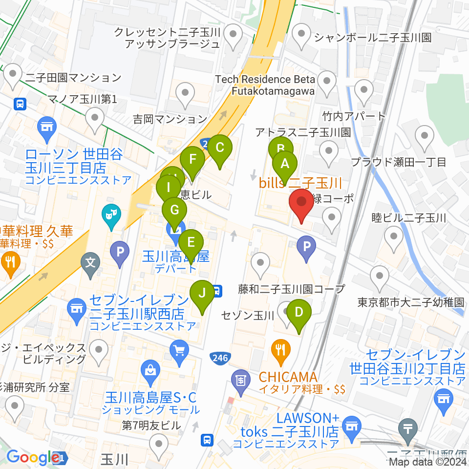 二子玉川 東京音実劇場周辺のカフェ一覧地図