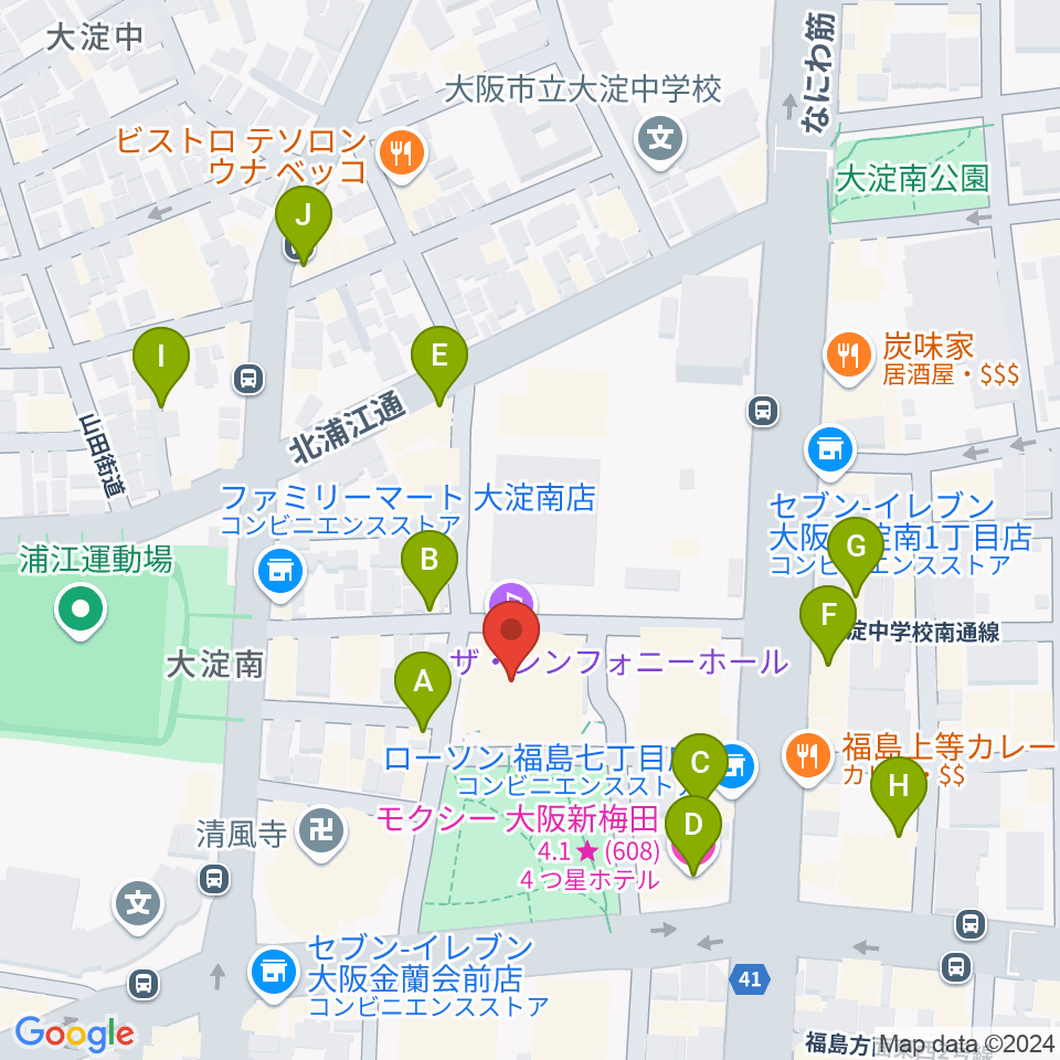 ザ・シンフォニーホール周辺のカフェ一覧地図