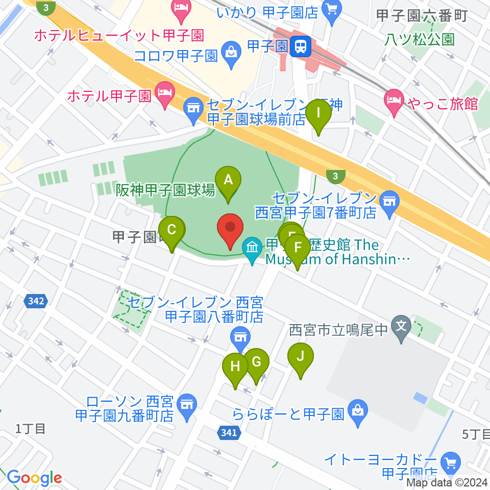 阪神甲子園球場周辺のカフェ一覧地図