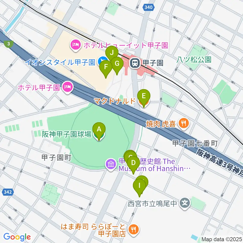 阪神甲子園球場周辺のカフェ一覧地図