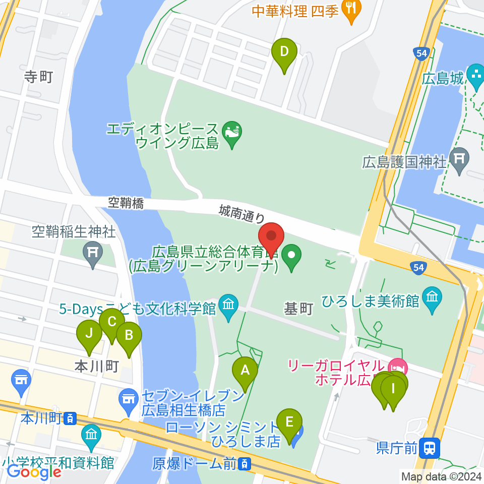 広島グリーンアリーナ周辺のカフェ一覧地図