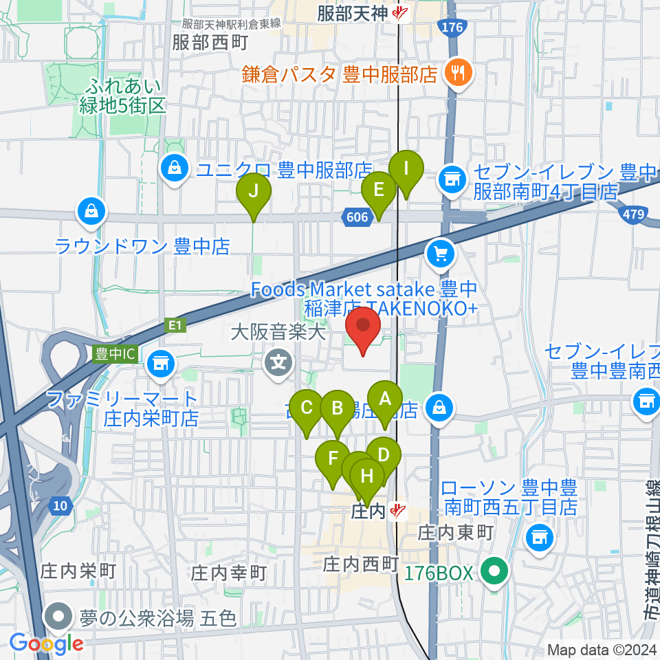 豊中市立ローズ文化ホール周辺のカフェ一覧地図