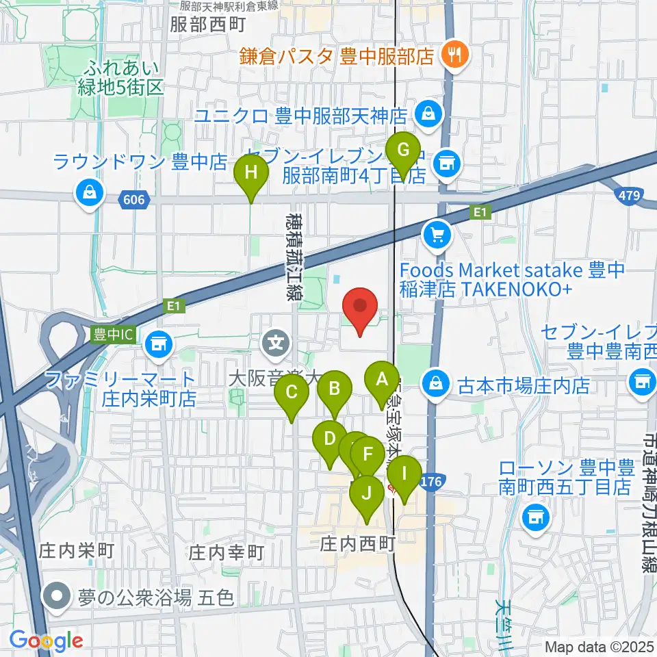 豊中市立ローズ文化ホール周辺のカフェ一覧地図