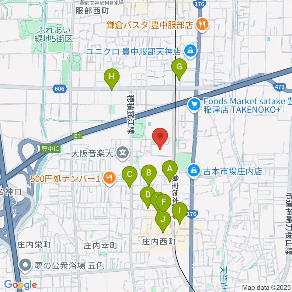 豊中市立ローズ文化ホール周辺のカフェ一覧地図
