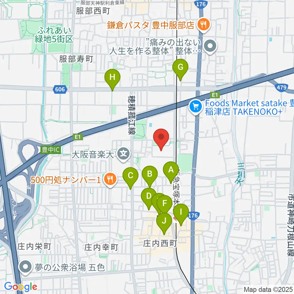豊中市立ローズ文化ホール周辺のカフェ一覧地図