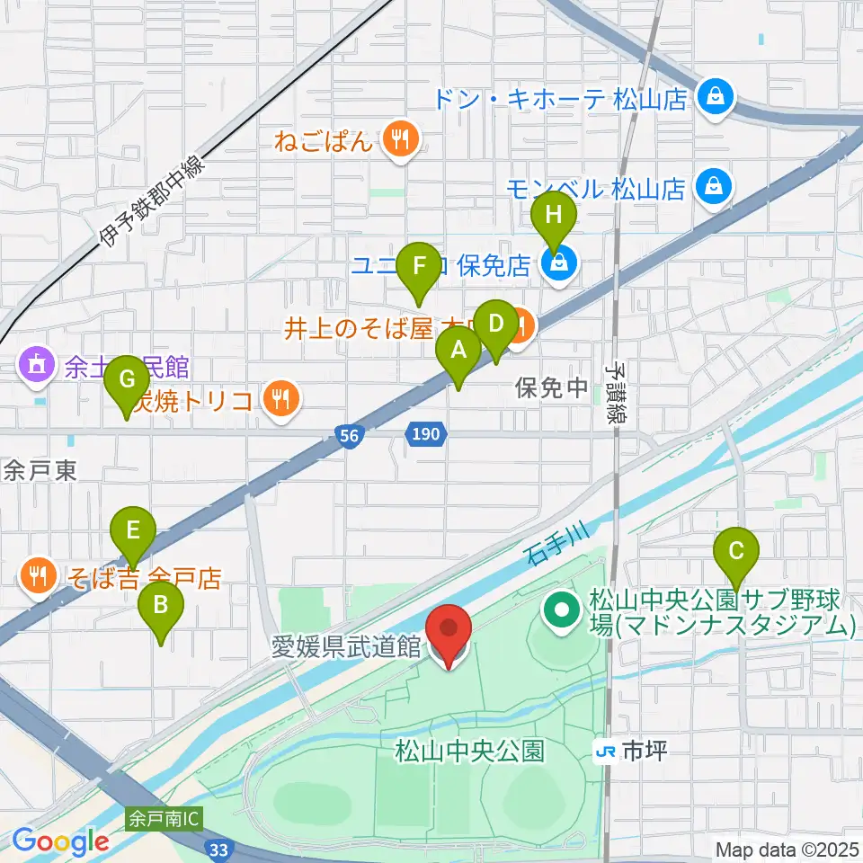 愛媛県武道館周辺のカフェ一覧地図