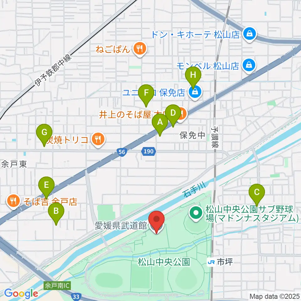 愛媛県武道館周辺のカフェ一覧地図