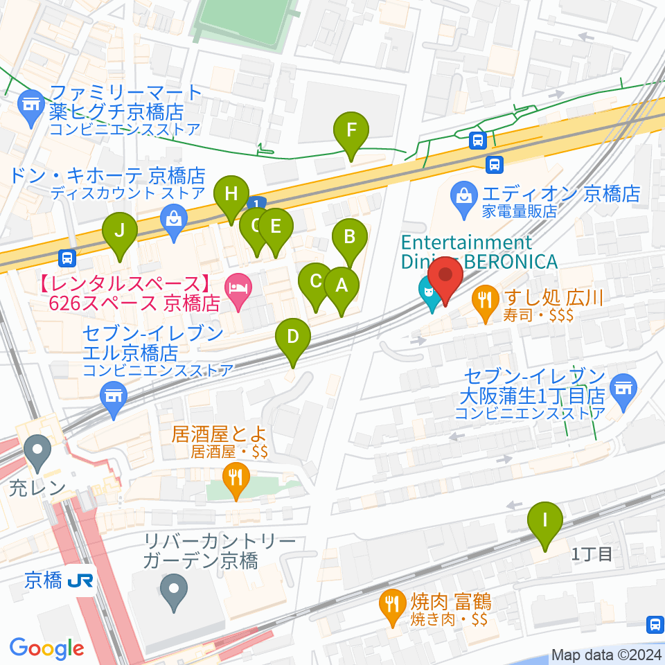 ベースオントップ京橋店周辺のカフェ一覧地図