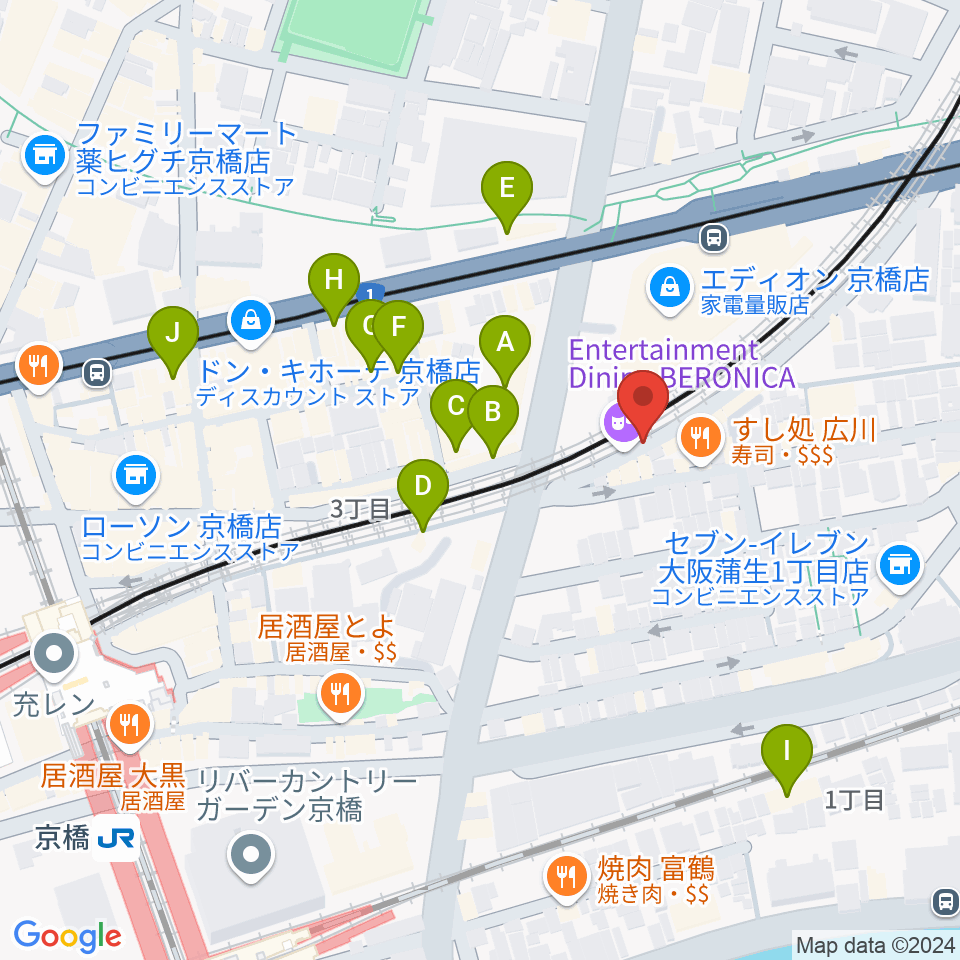 ベースオントップ京橋店周辺のカフェ一覧地図