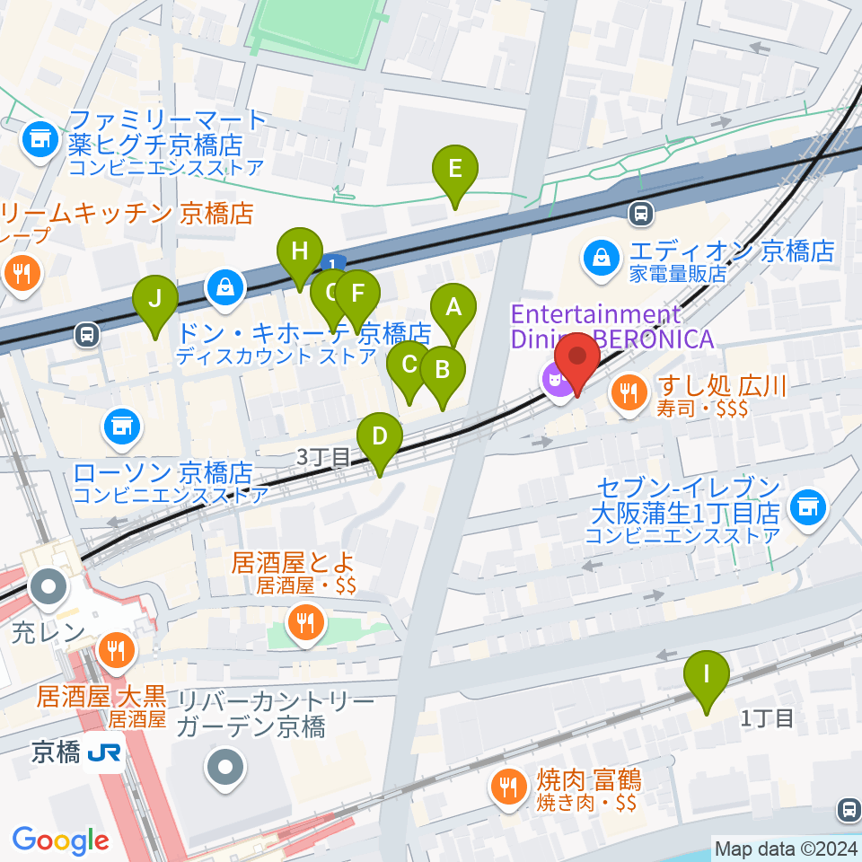 ベースオントップ京橋店周辺のカフェ一覧地図