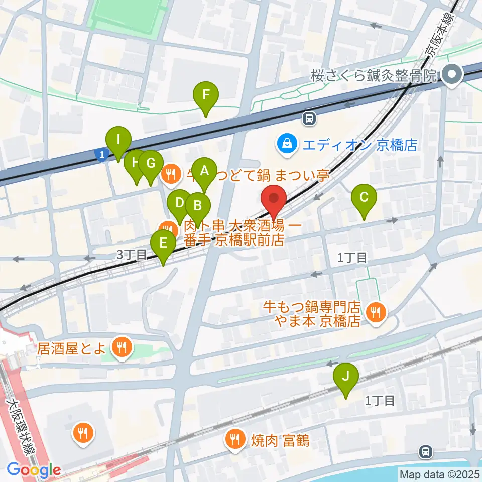 ベースオントップ京橋店周辺のカフェ一覧地図