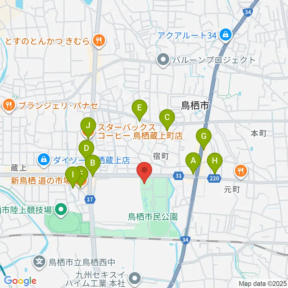 鳥栖市民文化会館周辺のカフェ一覧地図