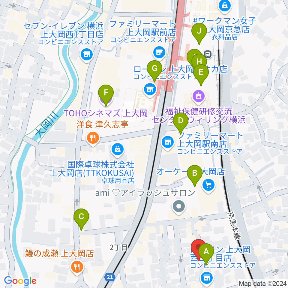 上大岡ギタースクール周辺のカフェ一覧地図