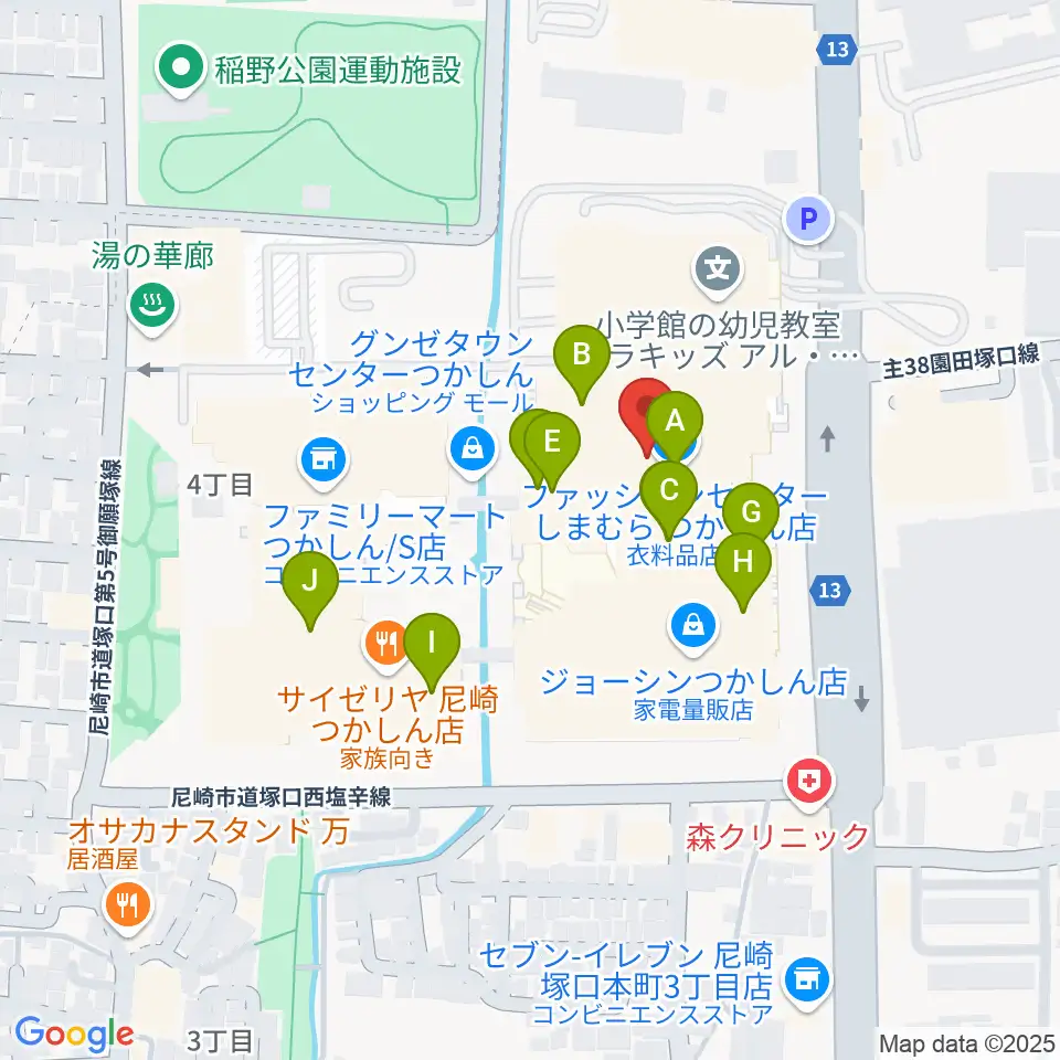 つかしんカルチャーセンター周辺のカフェ一覧地図