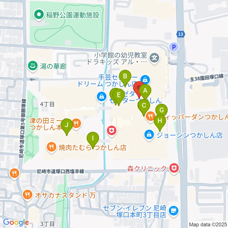 つかしんカルチャーセンター周辺のカフェ一覧地図