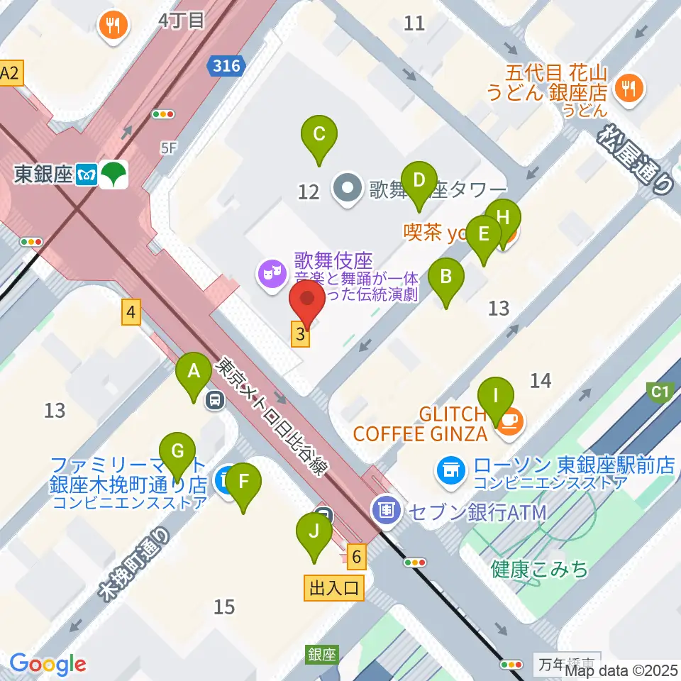 歌舞伎座周辺のカフェ一覧地図
