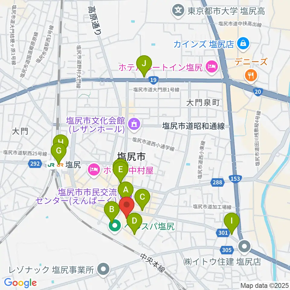 塩尻市民カルチャーセンター周辺のカフェ一覧地図