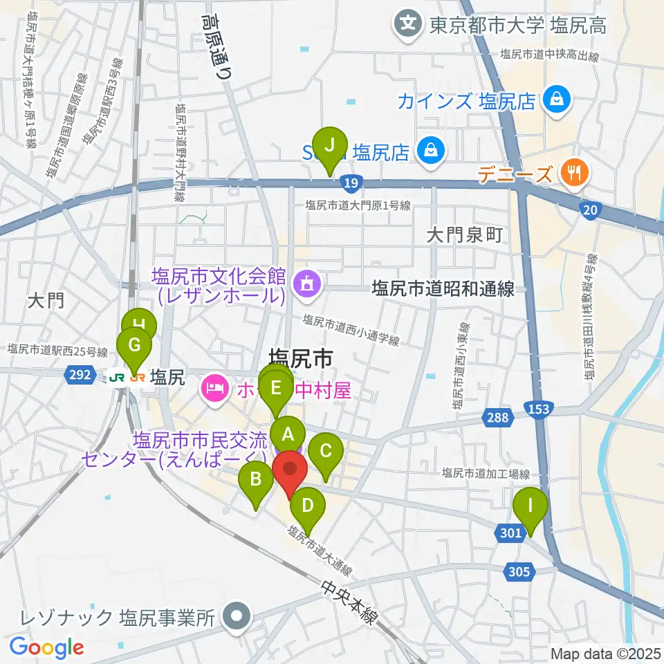 塩尻市民カルチャーセンター周辺のカフェ一覧地図