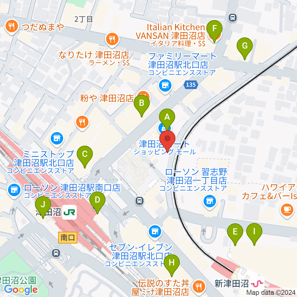 津田沼カルチャーセンター周辺のカフェ一覧地図