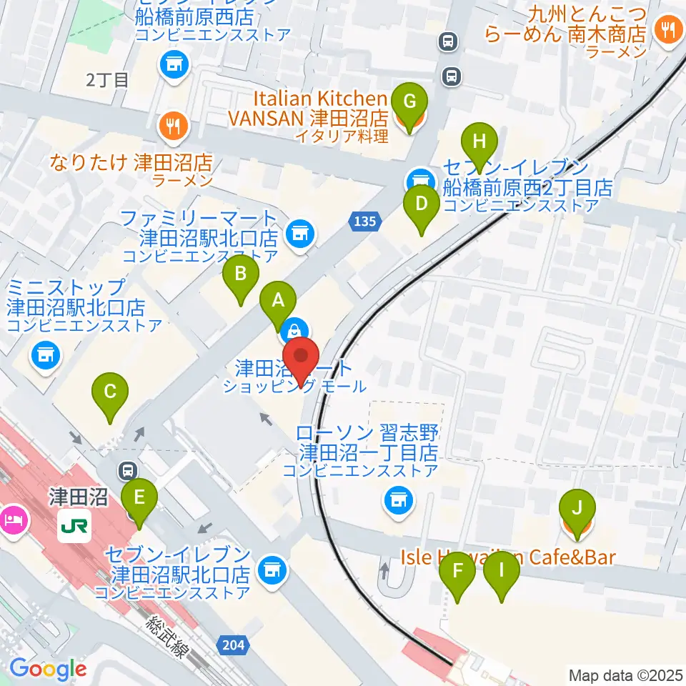 津田沼カルチャーセンター周辺のカフェ一覧地図