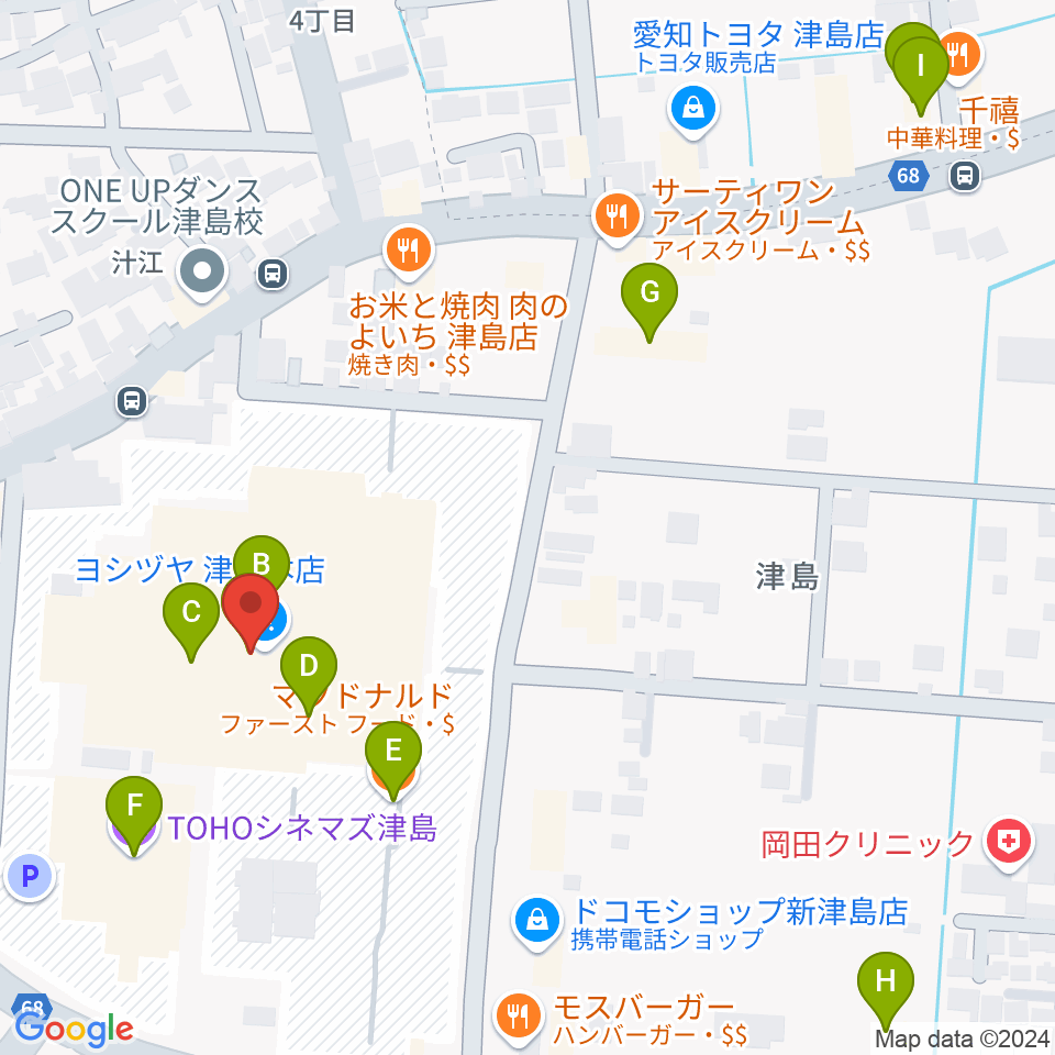 矢木楽器店 ヨシヅヤ津島センター周辺のカフェ一覧地図