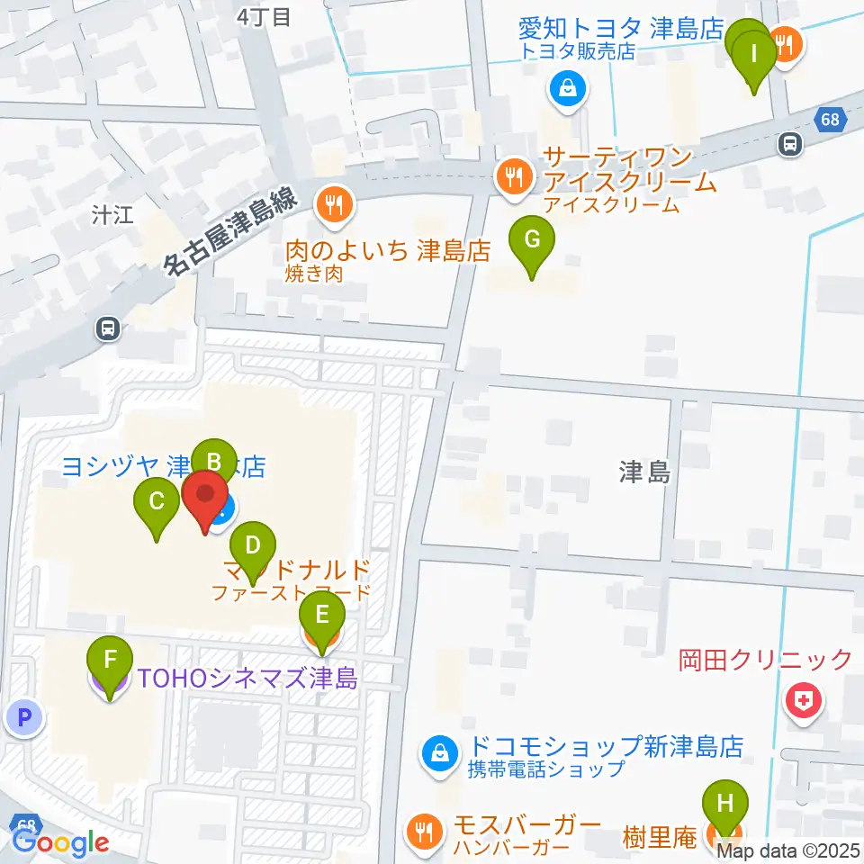矢木楽器店 ヨシヅヤ津島センター周辺のカフェ一覧地図
