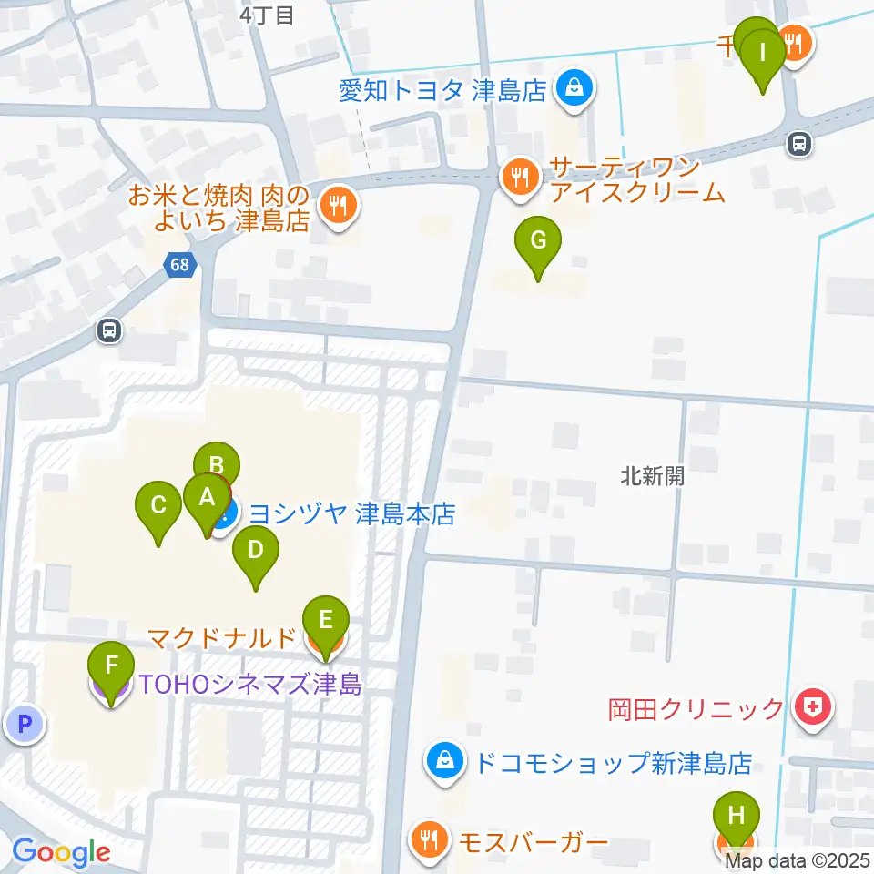 矢木楽器店 ヨシヅヤ津島センター周辺のカフェ一覧地図