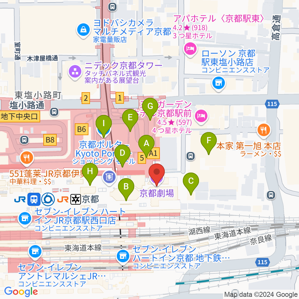 京都劇場周辺のカフェ一覧地図