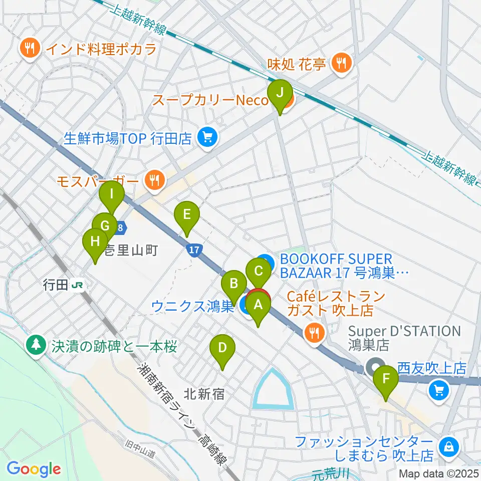 ウニクスカルチャーセンター鴻巣周辺のカフェ一覧地図