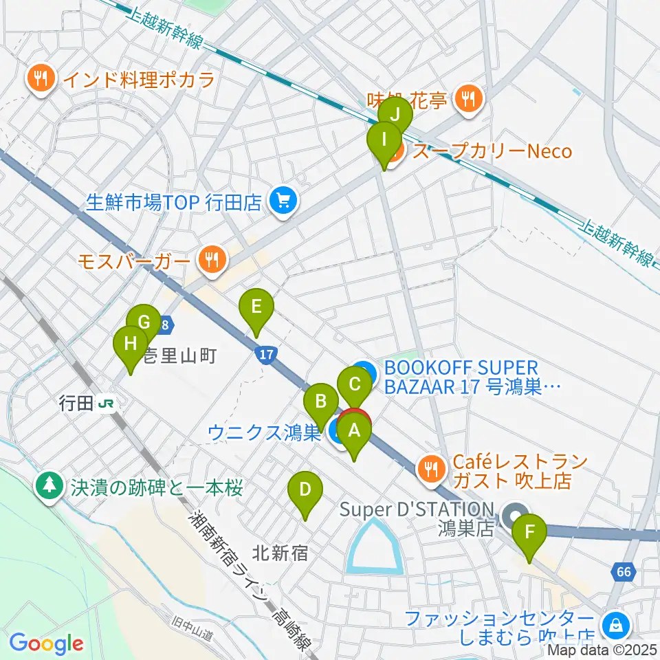 ウニクスカルチャーセンター鴻巣周辺のカフェ一覧地図