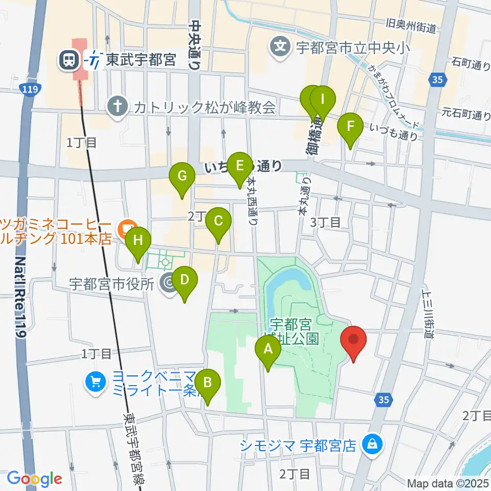 宇都宮ビッグアップル周辺のカフェ一覧地図