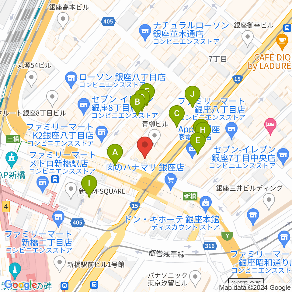 博品館劇場周辺のカフェ一覧地図