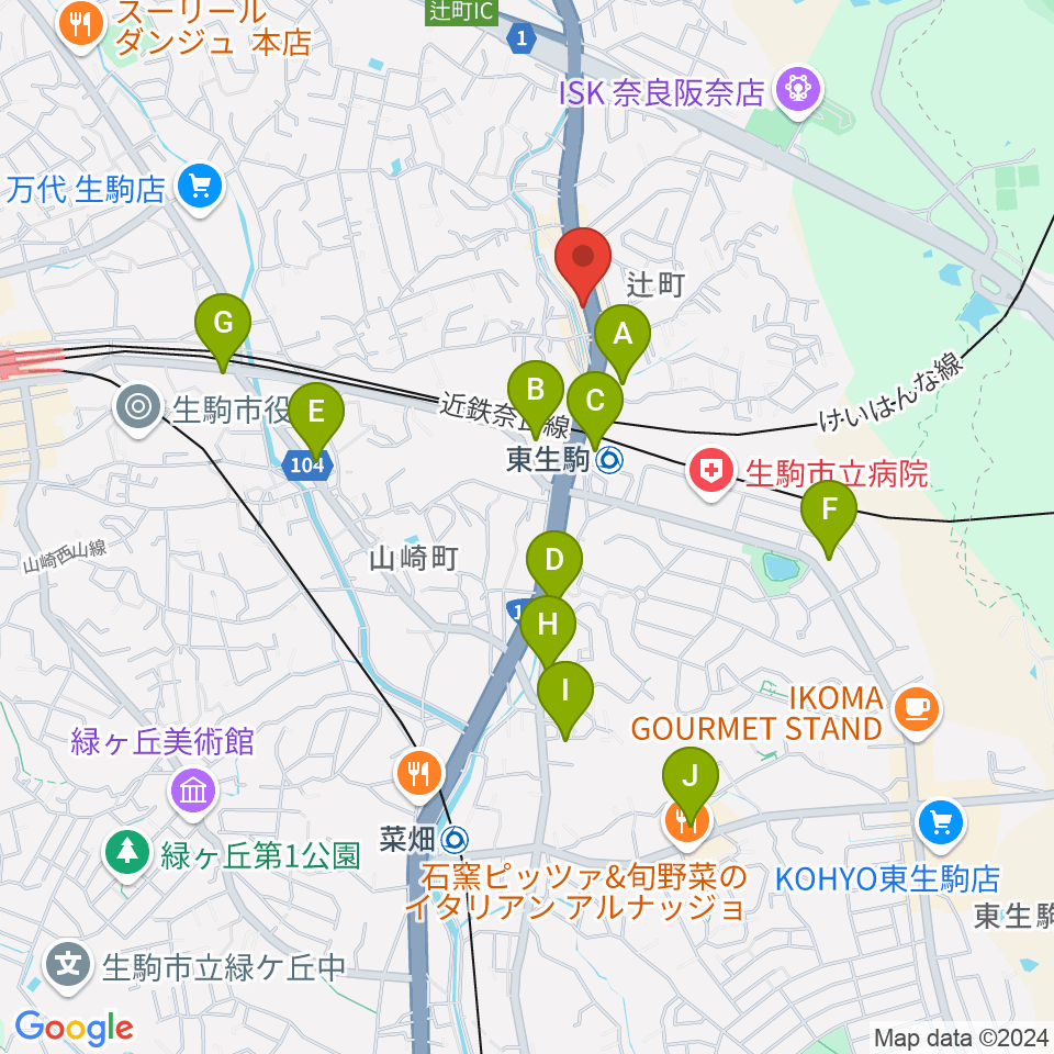 天理楽器 生駒店周辺のカフェ一覧地図