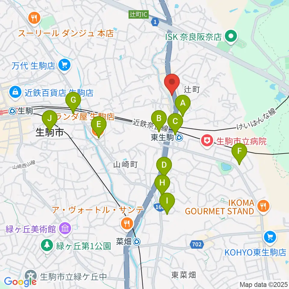 天理楽器 生駒店周辺のカフェ一覧地図
