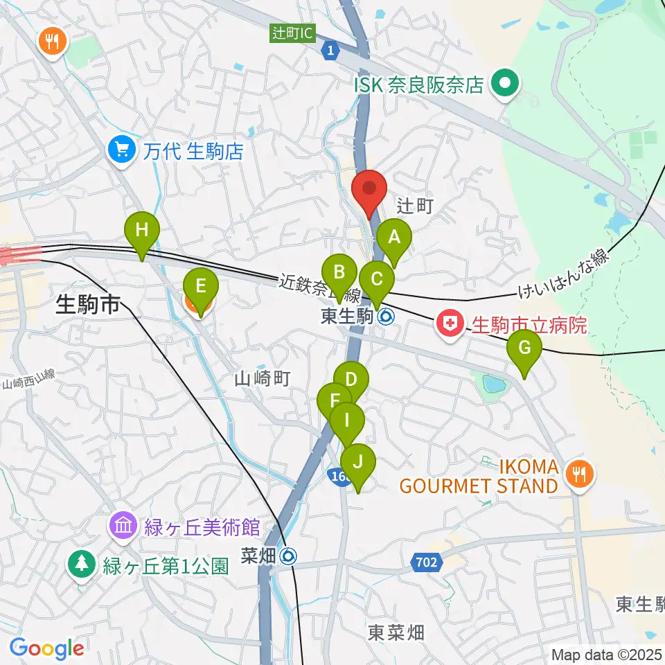 天理楽器 生駒店周辺のカフェ一覧地図