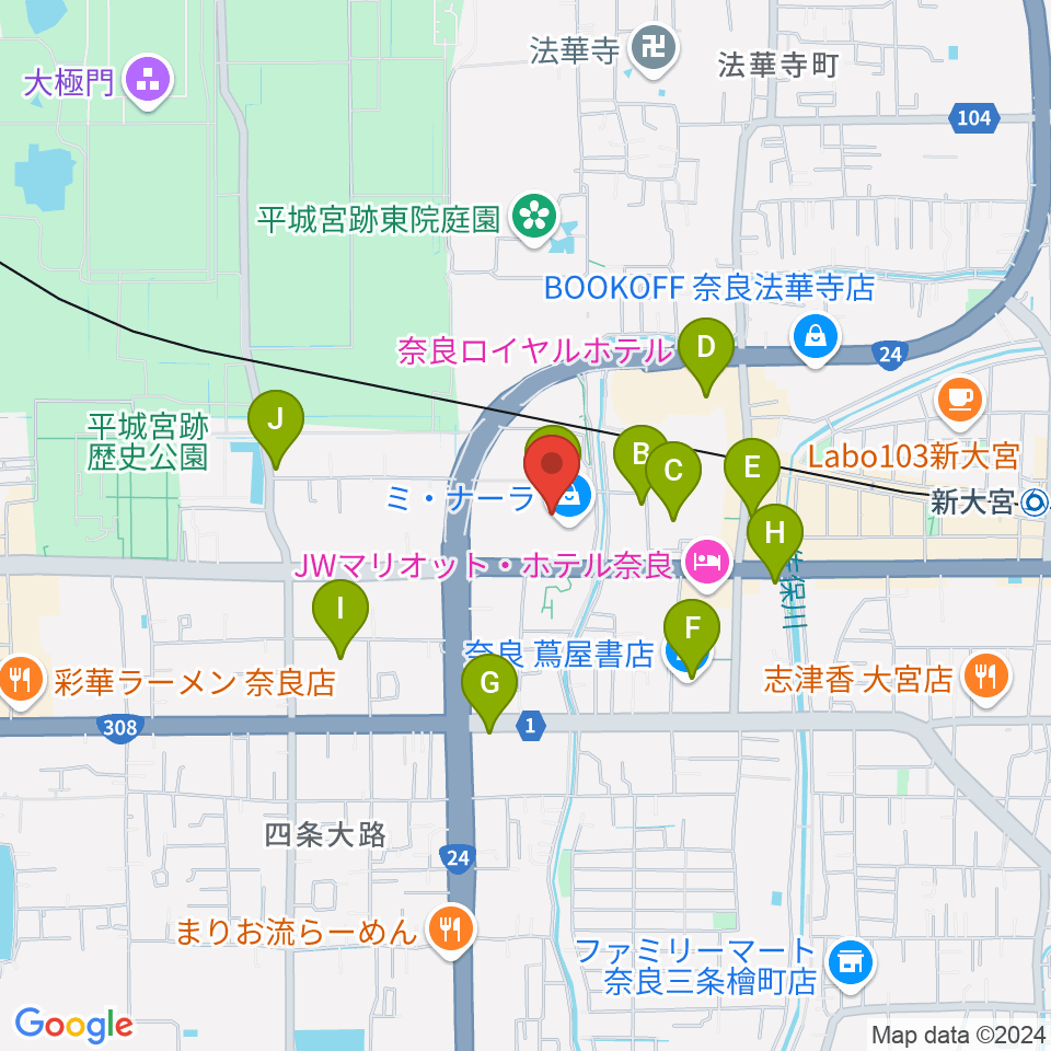 奈良カルチャーセンター周辺のカフェ一覧地図