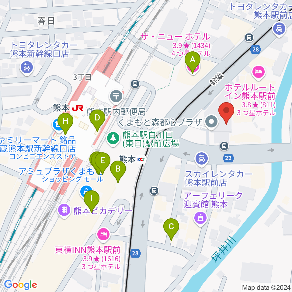 くまもと森都心プラザ周辺のカフェ一覧地図