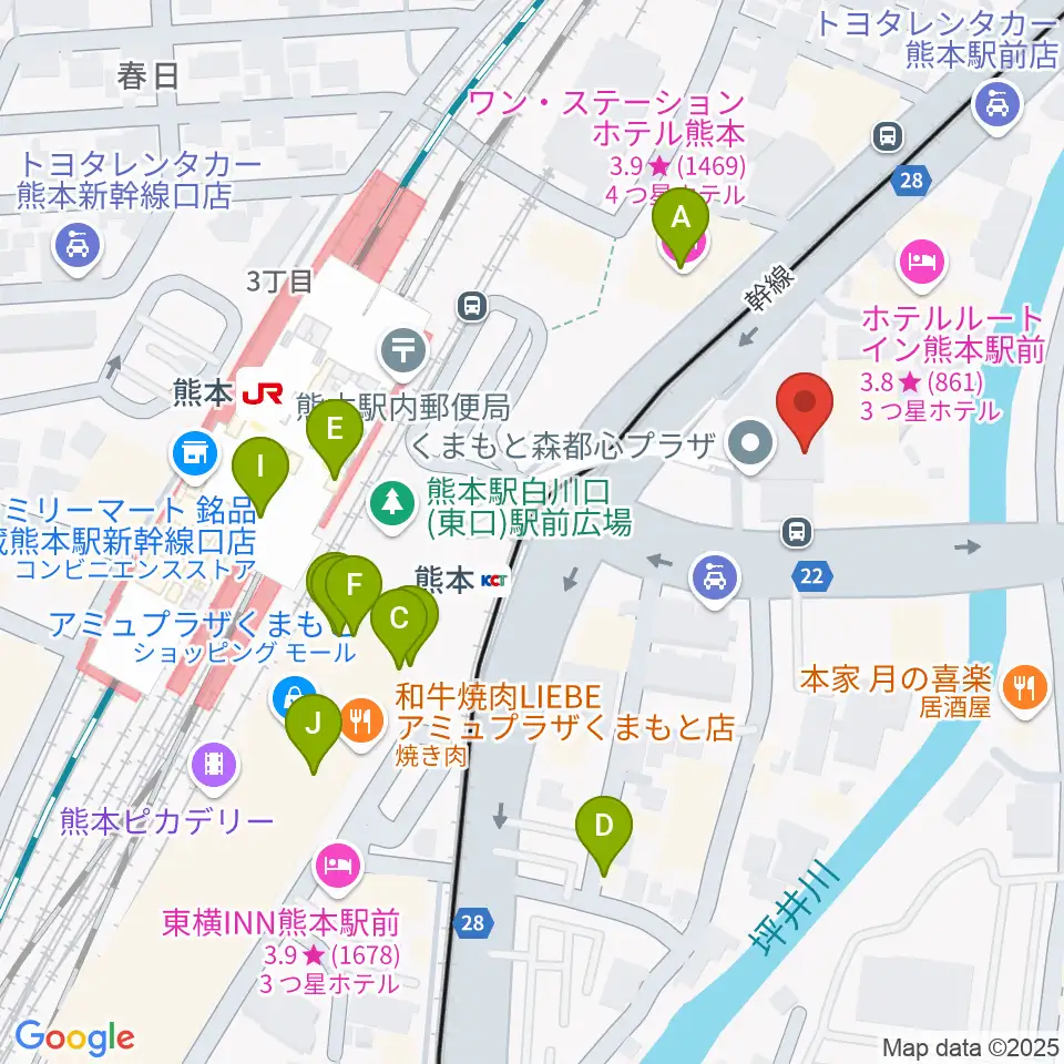 くまもと森都心プラザ周辺のカフェ一覧地図