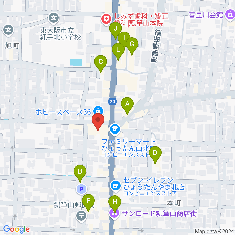 小阪楽器店 瓢箪山センター周辺のカフェ一覧地図