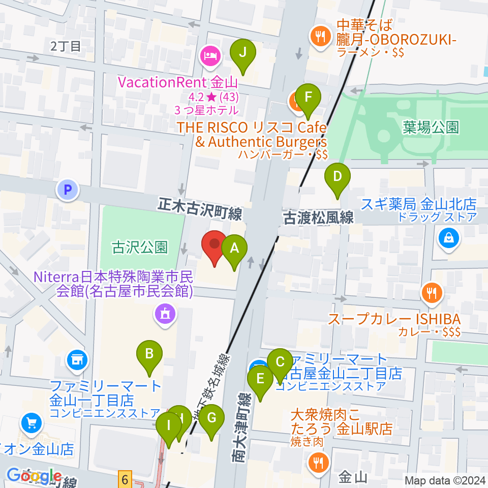 名古屋市音楽プラザ周辺のカフェ一覧地図