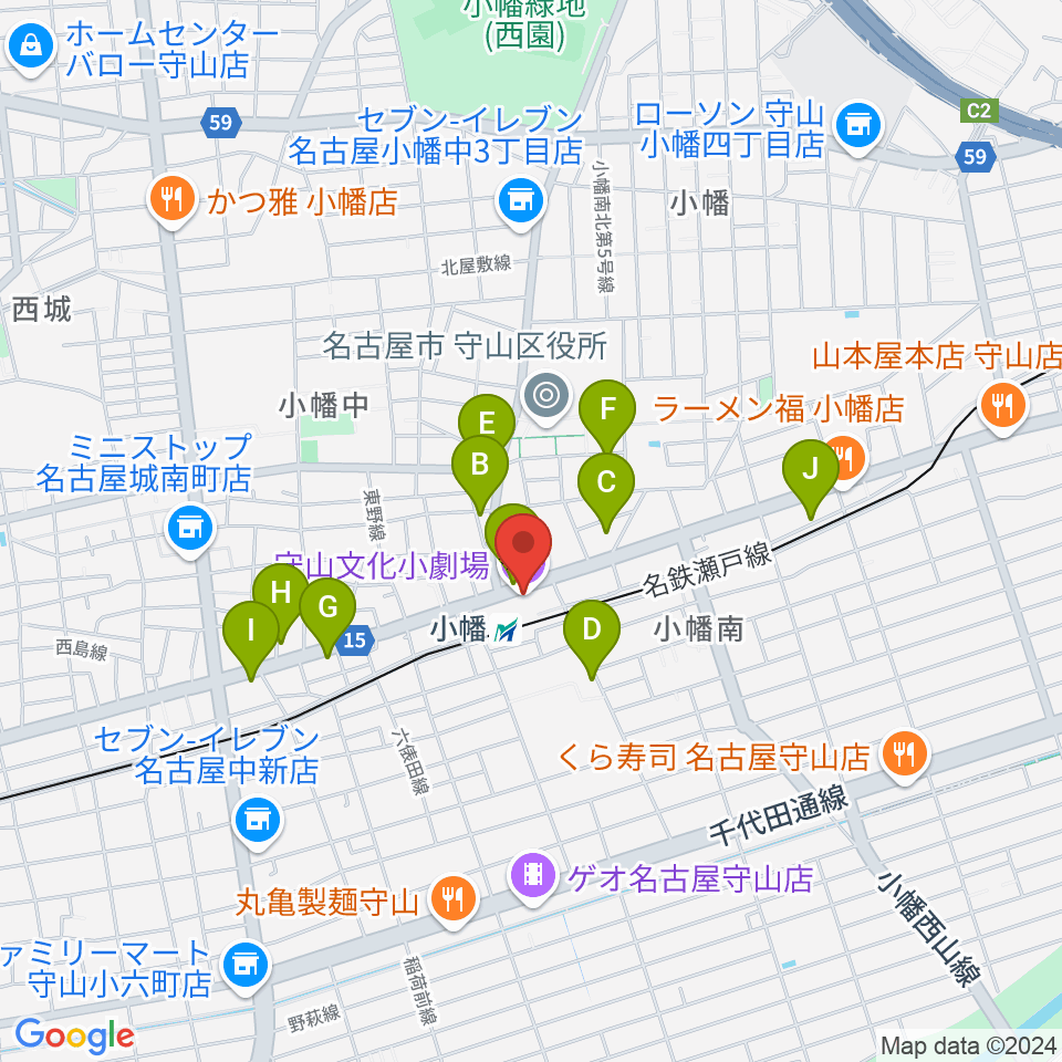 守山文化小劇場周辺のカフェ一覧地図