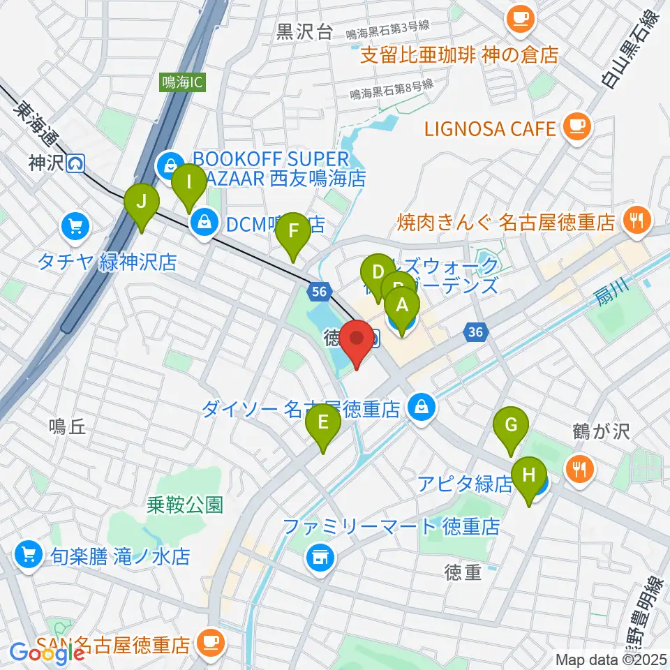 緑文化小劇場周辺のカフェ一覧地図