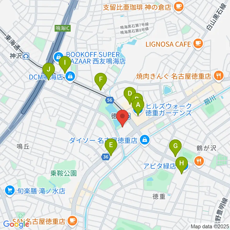 緑文化小劇場周辺のカフェ一覧地図